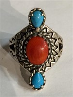 Sterling Silver Ring With Coral & Turquoise Stones