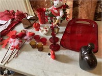 Red candle holders, tray, misc valentines items