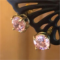 10K Gold & Round Pink Stone Stud Earrings