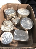Seven silver trinket boxes and candle holders