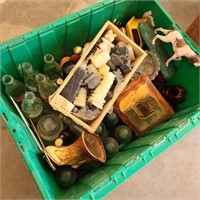 Green Tote w/ Bottles, Insulators, & Chess Pieces