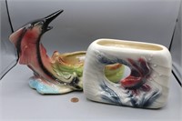 Pair MCM Ceramic Marlin & Koi Planters