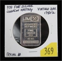 JM 1/2 oz. .999 vintage silver bar
