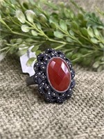 Faceted Carnelian Marcasite Sterling Silver Ring