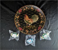 ROOSTER WALL PLATE & 3 RED ROSE MINI TEAPOTS