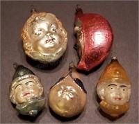 5 Antique Glass Christmas Ornaments w/Faces