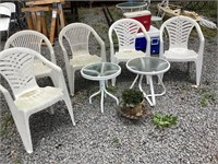 Pair of Outdoor Metal Glass Tables, 5 Chairs &