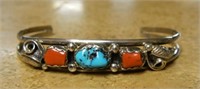 Turquoise and Coral in Sterling Silver Cuff.