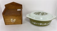 Pyrex Crazy Daisy with lid, wooden recipe box