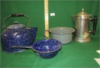 3 pcs. enamel ware/coffee pot