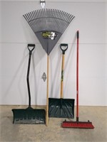 2 shovels, broom, leaf rake