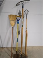 Garden tools, rake, hoe, broom etc