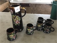 PAINTED POTTERY PITCHER AND 6 MUG SET