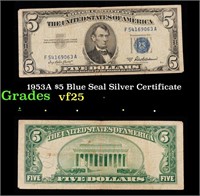 1953A $5 Blue Seal Silver Certificate Grades vf+