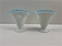 Fenton blue ruffled edge  milk glass fan vases