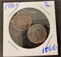 1865 and 1866 3-cent nickels
