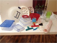 Plasticware, Tupperware pastry mat, vases and