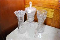 2 Cut Crystal Floral Vases, Covered Dish & Thistle