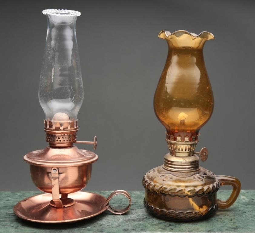 Vintage Amber Glass & Copper Stellar Oil Lamps (2)