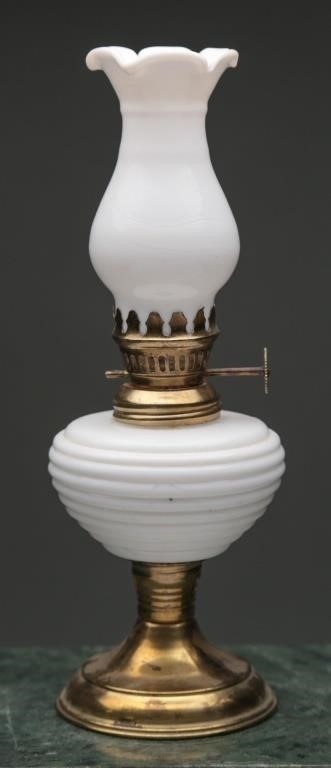 Vintage Brass Milk Glass Oil Lamp 8"