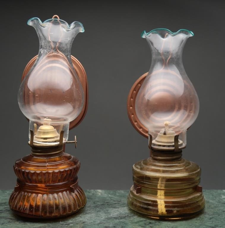 Vintage Wales & Nasco Amber Glass Oil Lamps (2)