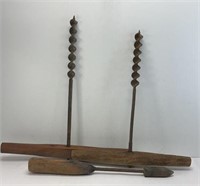 (2) ANTIQUE T HANDLE AUGERS & (1) SOLDERING IRON