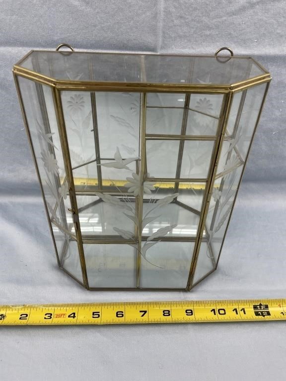 Brass Etched Glass and Mirrors Wall Curio Cabinet
