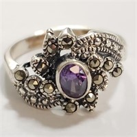 $240 Silver Marcasite Amethyst Ring