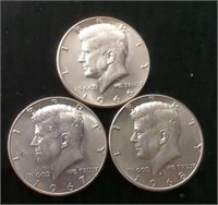 Set of 3 40% Silver Kennedy Half Dollars, 1966,