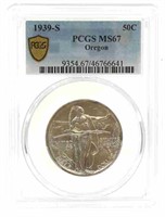 1939-S US OREGON 50C SILVER COIN PCGS MS67