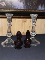 Large glass candle sticks and Avon ruby red