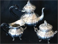 3 PC 800 CONTINENTAL SILVER TEA SET, RIBBED AND