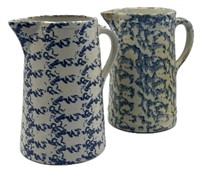 (2) Vtg. Blue & White Spongeware Stoneware Pitcher