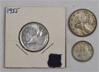 3 Pc CAD 1955 / 47 SIlver .25c / 1947 .10c Coins