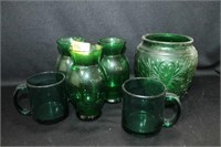 GREEN GLASSWARE: VASES, CUPS AND PLANTER