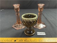Pink Depression Glass Candle Sticks, Hull Cup