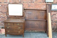 2pc Tiger Oak Full Size Bed & 2 over 2 Dresser