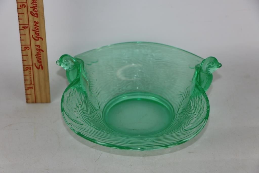 Uranium Fenton Dugan Double Swan Candy Dish