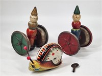 2) ANTIQUE WOOD CLOWN TOYS AND TIN SNAIL