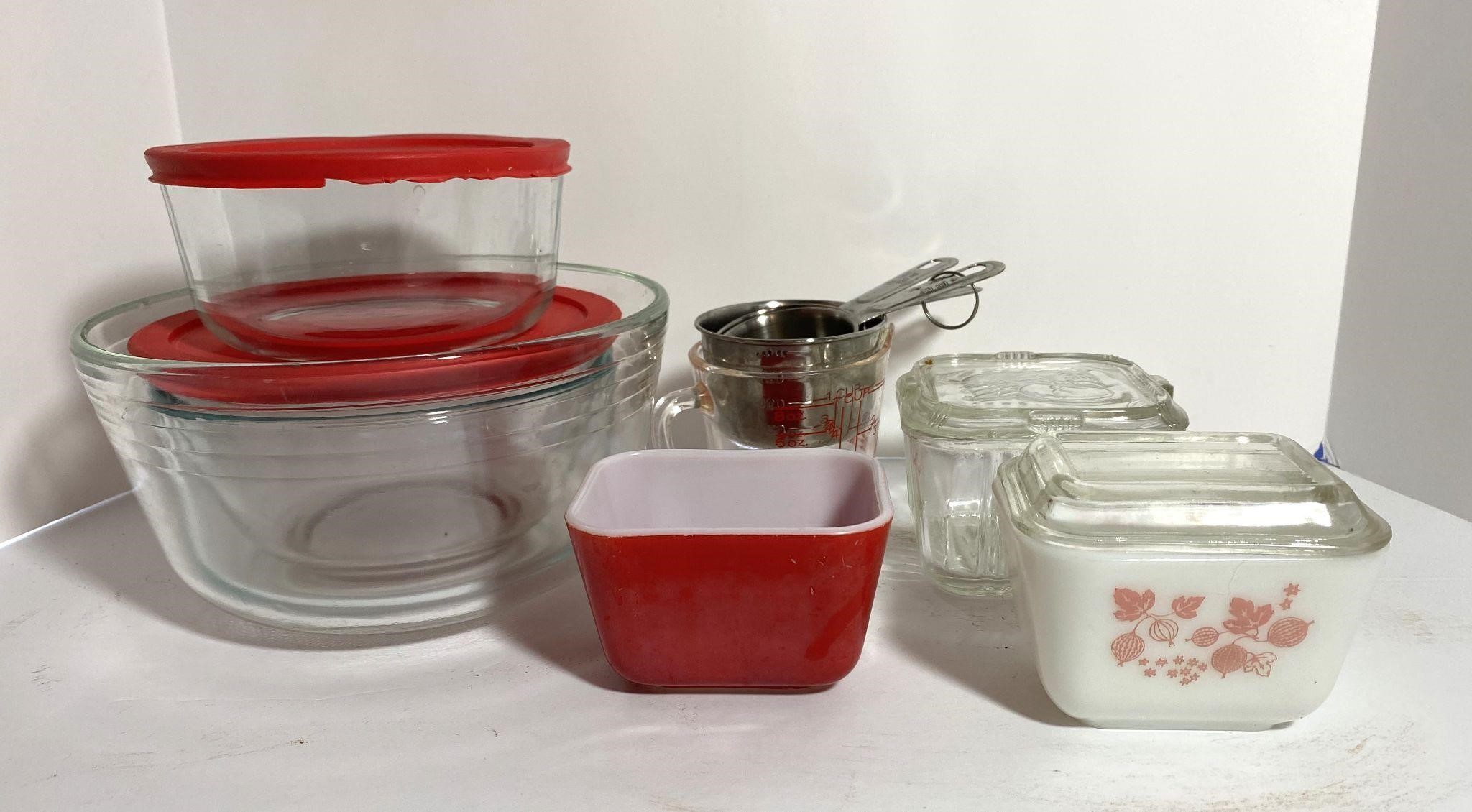 Refrigerator Dishes and Red Lidded Glass Bowls