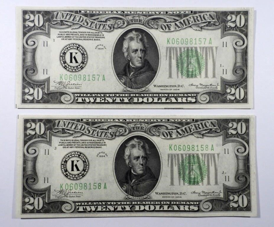 (2) 1934 $20 FRN - CONSECUTIVE NUMBER