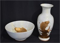 2 pcs Asian Porcelain Vase 12" & Center Bowl 10"