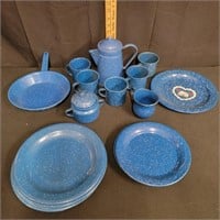 Mid-century 17 Piece Blue Enamelware Dishes