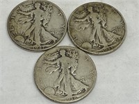 3 Silver Liberty Walking Halves 1938, 1943,1947