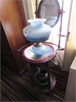 Wash stand w/ bowl and pitcher, lamp