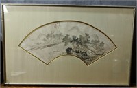 Framed Japanese Watercolor on Rice Paper Fan