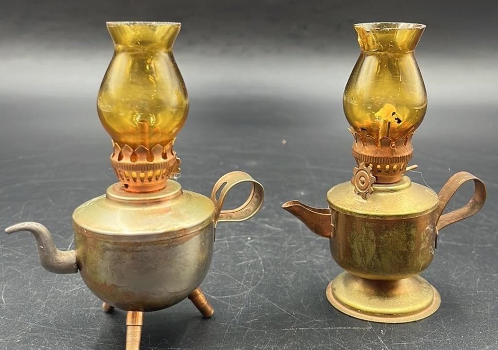 2 Antique Tea Kettle Oil Lamps - 1 Shade Is