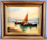 T. Mari Oil on Canvas of Fisherman on Boats