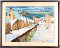 Village in Winter Oil Pastel Signed Dickerson