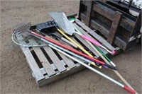 Pallet w/shovels, rake, hoe & misc. tools
